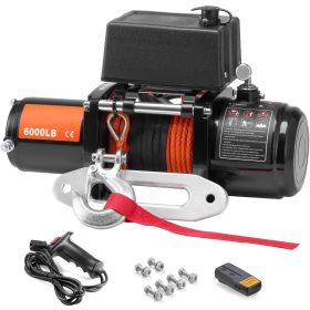 Electric Winch, 6000 lb, 12V DC Truck Winch with Φ1/4 in x 55 ft Synthetic Rope Aluminum Fairlead Wireless & Wired Remote Control